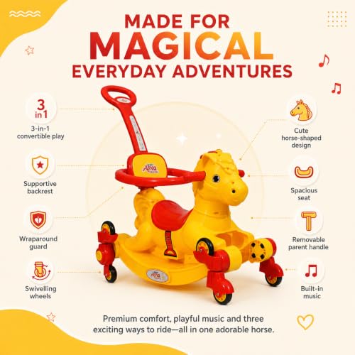 Image of 3 in 1 Baby Horse Rider for Kids 1-5 Years with Parent Handle, Rocking Horse, Ride On Toy, 360 Safety Guard, Music, Swivel Wheels, Backrest, Baby Ride On for Boys & Girls (Yellow)