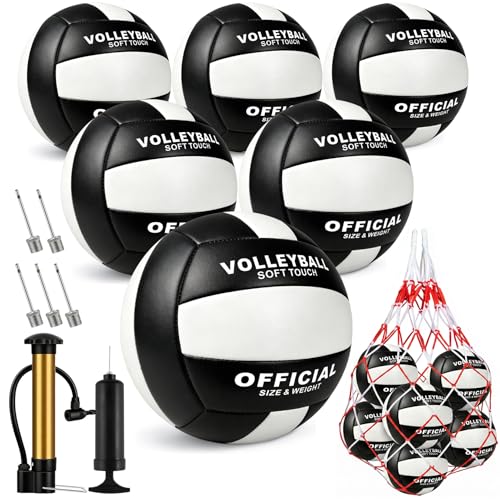 Sbarklo 6 Pack Official Size 5 Volleyballs -Composite Leather Waterproof Soft Volleyball with Pump and Net Bag for Indoor Outdoor Beach Pool Water Gym Training Match for Volley Ball Beginner