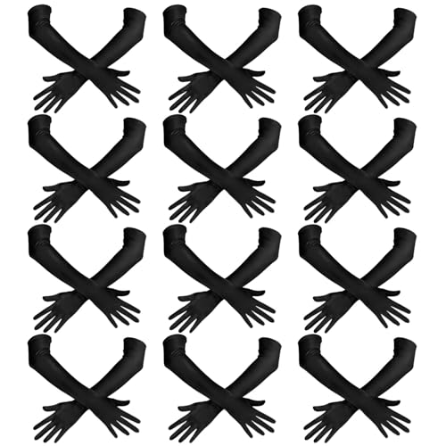 12 Pairs Of Black Long Satin Gloves, Seamless, 20S-Inspired, 20.9 In, Highly Elastic, Perfect For Weddings And Parties4