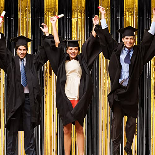 Image of Voircoloria 4 Pack Black and Gold Foil Fringe Backdrop Curtains, Tinsel Streamers Birthday Party Decorations, Fringe Backdrop for Graduation, Baby Shower, Gender Reveal, Disco Party