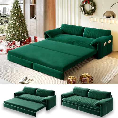 UPYOOE 63.8' Futon Sofa Bed Queen Size, Pull Out Bed, 3-in-1 Convertible Sleeper Sofa with Side Pocket, Modern Velvet Futon Couch for Living Room, Small Space, Apartment, Bedroom, Green