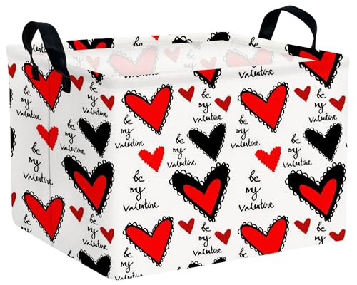 Image of Valentines Day Basket for Kids Heart Shaped Empty Storage Bins for Gifts with Handles Room Decor (Black Lace Red Love)