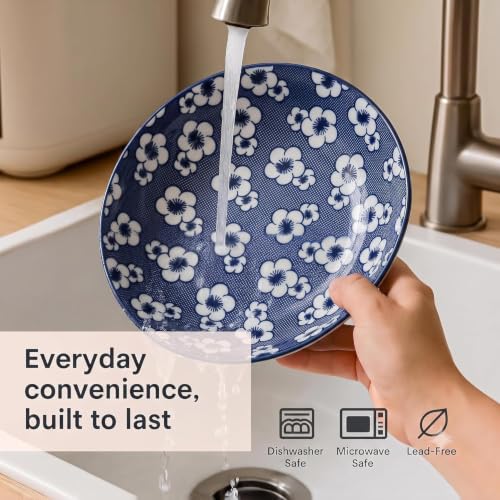 Image of Ceramic Dinner Plates Set of 2, 20.4 cm Round Plates with Blue Floral Pattern, Ceramic Serving Plates, Microwave & Dishwasher Safe for Dinner, Snacks & Desserts(Cherry Blossom Pattern, PACK OF 2)