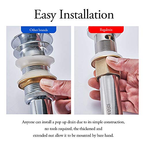 REGALMIX Vessel Sink Drain, Bathroom Faucet Vessel Sink Pop Up Drain Stopper, Built-In Anti-Clogging Strainer, Brushed Nickel with Overflow,Fits Standard American Drain Hole(1-1/2" to 1-3/4") R086J-BN - Thumbnail 6