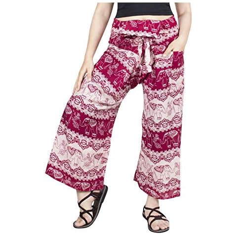 Lofbaz Women's Thai Fisherman Wide Leg Pants - Elephant 23 Burgundy - OS Cover