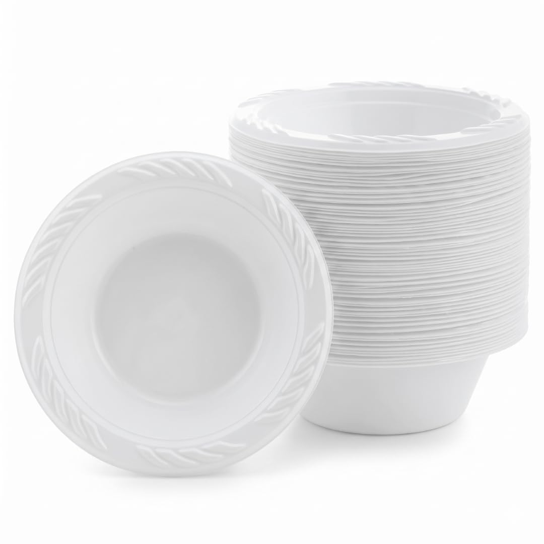 Venuscello® 200 x White Plastic Dessert Bowls 12oz Reusable Serving Bowls for Ice Cream Soup Catering Weddings Parties Lightweight Durable Food Bowls
