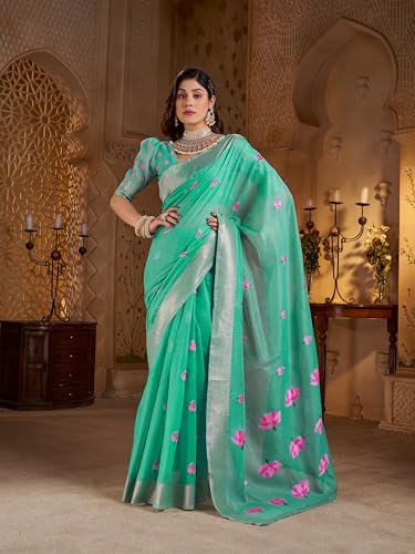 Image of SWORNOF Womens Linen Silk Saree | Saree for Women With Unstitched Blouse | Saree with Blouse Piece | Soft and Skin Friendly