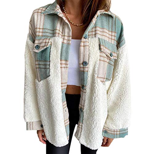 Women's Long-Sleeve Plaid Fleece Shirt Jacket Winter Warm Sherpa Jacket (Green, L)