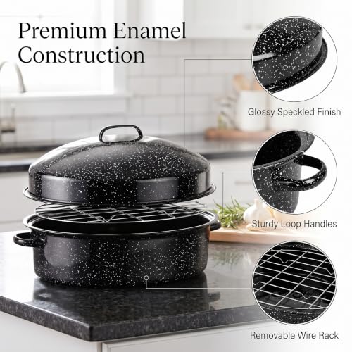 19.3" Enamel Roasting Pan with Lid & Rack Oval Turkey Roaster Pan | Speckled Black Enamel Roaster, Large Capacity for Thanksgiving Turkey, Ham & Family Holiday Cooking - image 2