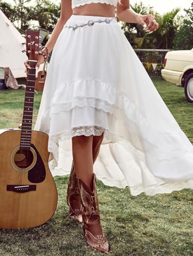 Women Lace Irregular Maxi Skirt High Low Asymmetrical Ruffles Hem Elastic Waist Long Skirt 5