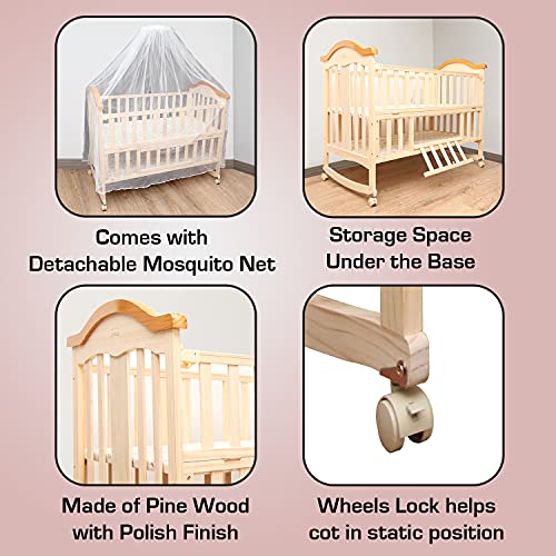 Image of LuvLap C - 70 Wooden Baby Cot Cum Rocker, Baby Crib, Made of New Zealand Pinewood, Includes Mosquito net, 15Kg Capacity, Beige, Without Mattress
