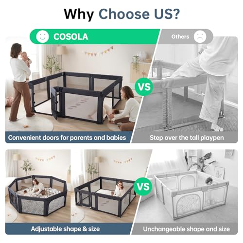 Image of Large Baby Playpen for Babies and Toddlers 79x71 Inch, Adjustable Foldable Indoor & Outdoor Play Pen for Toddlers Twins Baby Fence Play Yards with Breathable Mesh Anti-Fall Playpen,Black
