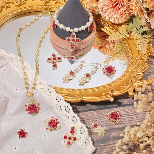 SUNNYCLUE 1 Box 24Pcs Valentines Day Baroque Rose Charms Alloy Gold Flower Charm Scared Heart Red 3D Cross Roseflower Charm for jewellery Making Charms DIY Necklace Bracelet Crafting Earring Decor - Image 4