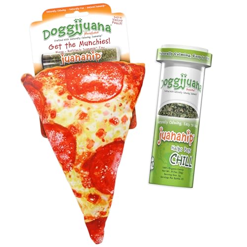 Image of Doggijuana Supreme Pizza & Juananip Bundle | Squeaky Refillable Plush Toy | Refillable squeaky plush dog toy + organic calming catnip; eases anxiety, stress & storms; drug-free, hand-harvested