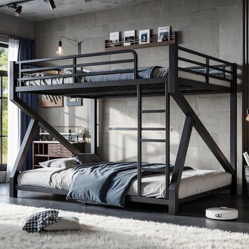 Bellemave Queen Over Queen Bunk Bed Frame with Noise Reduced Design Low Profile Bunk Bed with Soft Ladder Rung Cover and Fence Heavy Buty Bunk Beds for Adults Teens