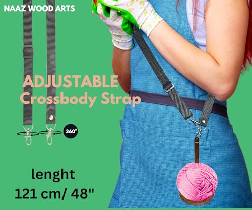 Image of NAAZ Wood Arts Premium Handmade Wood Yarn Rolling Holder with Hand Strap, Crossbody Strap and Crochet Hook 6 mm, Hangging Holder Yarn Spinner for Knitting & Crocheting. (Rose Wood Desing 2)