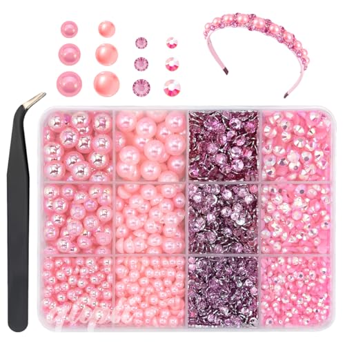 qiipii 3mm-8mm Dark Pink Flatback Pearls and Rhinestones for Bedazzling Crafting Bedazzled Gems Half Pearls Resin Stones Diamonds Crystals for Nails Face Eyes Makeup Tumblers Bottles DIY Crafts Shoes