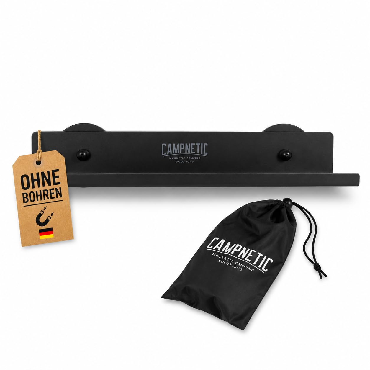 Campnetic Magnetisches Regal 30x15cm Schwarz - Einfaches Anbringen ohne Bohren - Camper Zubehör - Offroad Zubehör - Magnetische Tablett ideal für Van, Camper, Wohnmobil - komplettes Set inkl. Beutel