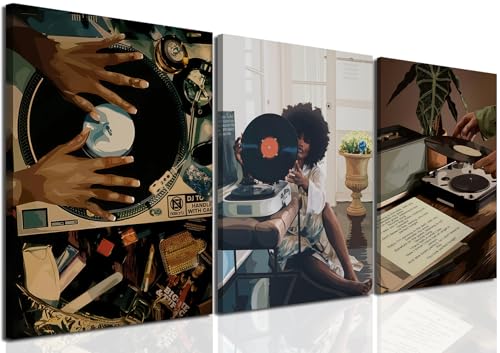 YFvrPt Black Girl Wall Art Decor Modern Black Woman Painting Prints, Set of 3 African American Music Record Player Poster Canvas Artwork for Bedroom Living Room 12x16 inch Framed