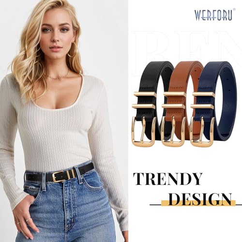 WERFORU 3 PACK Women Belt Women Fashion Leather Belts for Jeans Pants Ladies Belts with Gold Buckle
