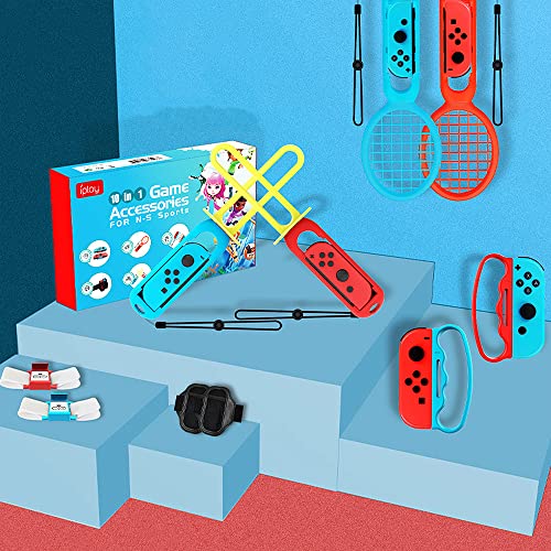 Swetup 10 in 1 NS Switch Sport Spiel Zubehör, Switch Sport Zubehör Bündeln Enthält Tennis und Badmintonschläger, Fechtgriff, Volleyball-Armband, Bowlinggriff, Fußball-Beinriemen für Switch/Switch OLED Cover