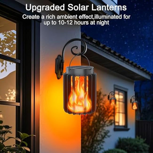 Solar Lantern Outdoor Lights 4 Pack, Upgraded Flickering Flame Solar Lanterns Lights Outdoor Waterproof, Hanging Lantern Decorative, Solar Powered Lanterns for Yard Patio Path Garden Decor