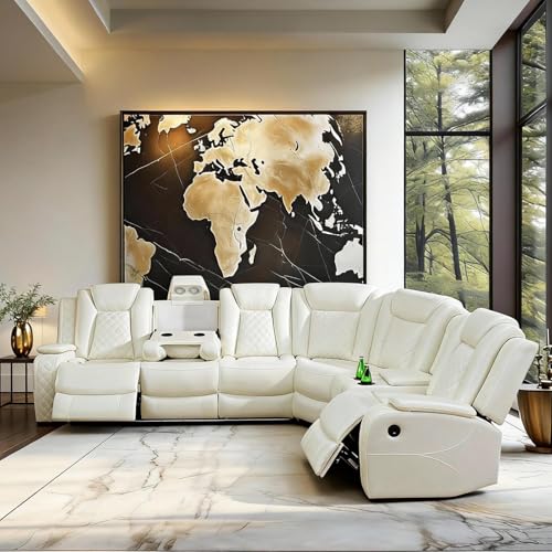 Image of Power Reclining Sectional Sofa Set - White Leather Couch with LED Lights, Storage Console, Cup Holders & USB Charging, Home Theater Recliner for Living Room