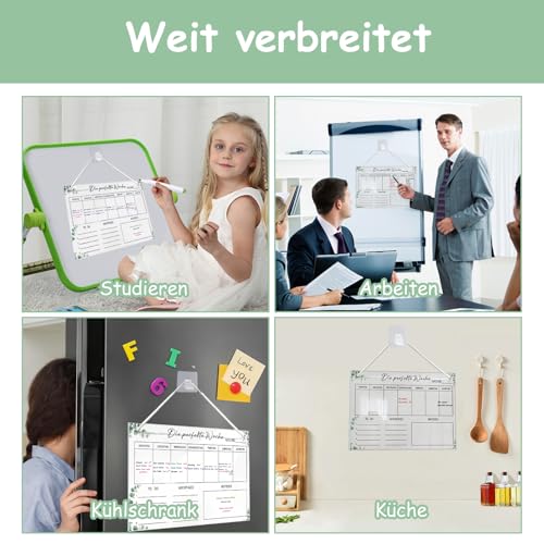 Foonary Wochenplaner Abwischbar,Essensplaner Woche aus Acryl für Haushaltsplan, 30 x 20CM Familienplaner mit 6 Whiteboard-Stift Haushaltsplaner zum Aufhängen für Memoboard auf Deutsch