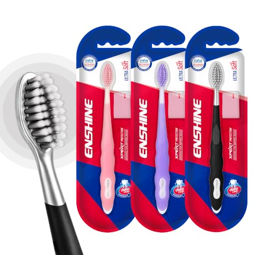 Image of Enshine Expert Protection Toothbrush for Adults - Pack of 3 | Double-Tapered Ultra Soft PBT Bristles | Premium Tooth Brush Set for Sensitive Gums | Deep Gum-Line Plaque Removal | Manual Toothbrush with Non-Slip Grip Multicolor