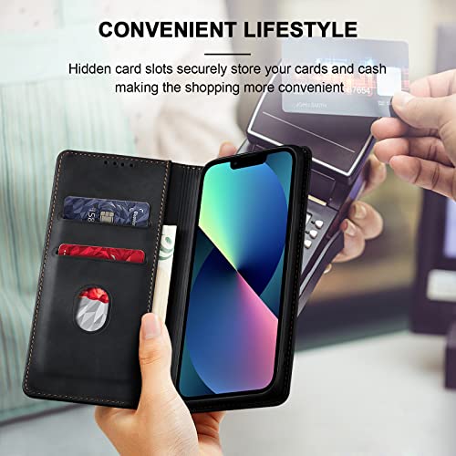 Image of Jasonyu Flip Wallet Case for iPhone 13,Leather Magnetic Folio Cover with Card Holder,Kickstand - TPU Shockproof Durable Protective Phone Case,Black