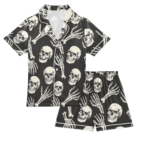 ALAZA Sugar Skull Hand Black Halloween Satin Pajamas Set Short Sleeve Button Down Sleepwear Summer Pjs 2 Piece