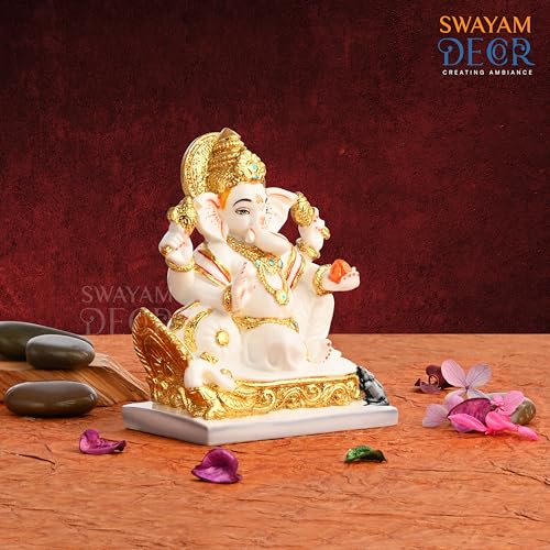 Image of Creating Ambiance Polyresin Marble Ganesh Idol, Vinayaka Statue | Auspicious Ganpati Murti For Living Room & Home Decor - Ganesh Idol For Diwali - Gold & White (6 Inches, Fantasy)