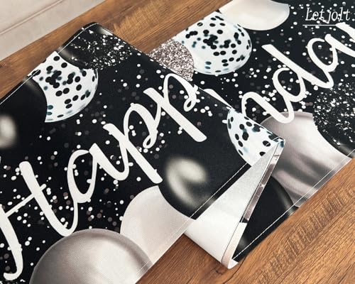 Image of Letjolt Silvery Black Balloon Happy Birthday Table Runner 72 Inches | Linen-Like Fabric, Celebrate Birthday Party Table Decor