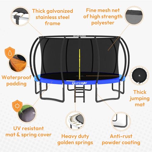 Image of JUMPZYLLA Trampoline Outdoor 8FT 10FT 12FT 14FT 15FT 16FT with Enclosure and Ladder, ASTM Approved Recreational Trampoline for Kids and Adults, Anti-Rust Coated Frame