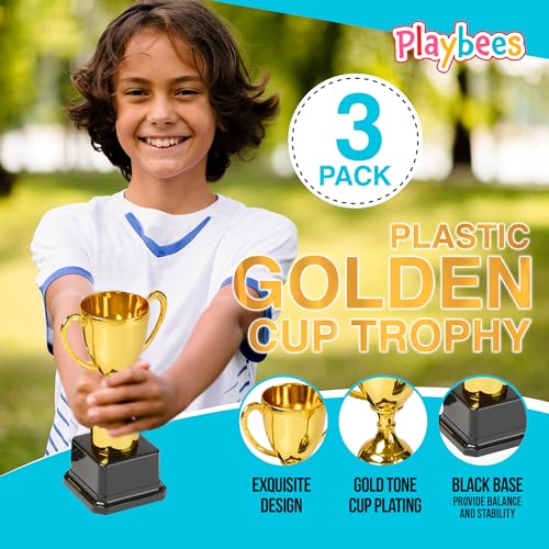 playbees fun gold plastic trophies - 3 pack - 7 inch - award trophy cup set for superstar kids - champion celebrations sports galore and victory vibes - desktop toy
