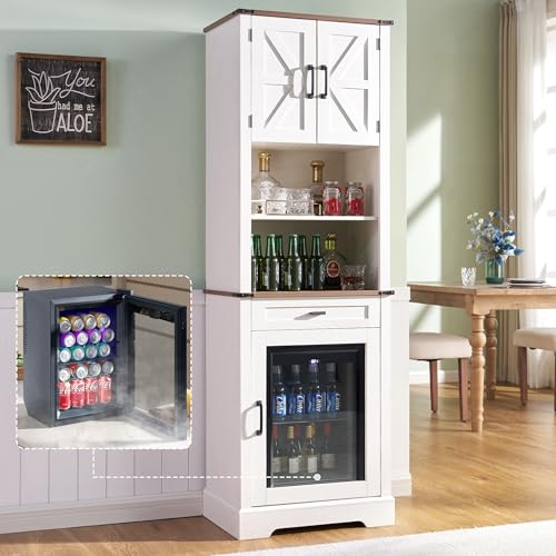 LUXOAK Bar Cabinet with Fridge (Included), 69" Wine & Liquor Cabinet with Drawers & Adjustable Shelves, Farmhouse Coffee Bar Cabinet for Home Bar, Dining Room, Living Room