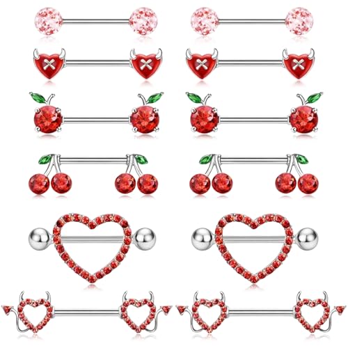 Gubilacrum 12 Pcs Nipple Bars with Red Crystal Heart Cherry Design 6 Pairs Fashion Tongue Bars for Devil Accessories Personalized Body Piercing Jewellery for Men Women Nipple Tongue Ear