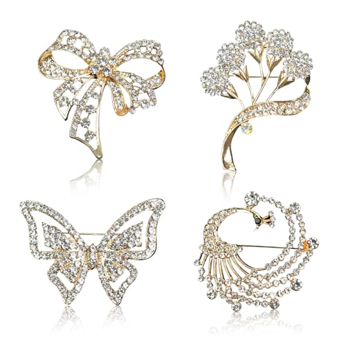 FOSDICK Lot de 4 Broche Femme Vetement, Broche de Strass de Mode, Broches Élégantes Style Vintage Cristal pour Femme Robe Chapeau Sac Foulard Vêtement Accessoire Mode Cérémonie
