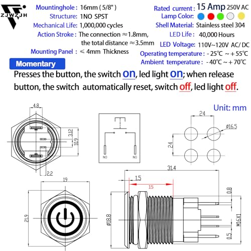 Image of UL Listed 15Amp 16mm Momentary Push Button Switch 110V-120V IP67 Waterproof; SPST 1NO, with LED Angel Eye Light; Stainless Steel 304 with Wire Socket Yellow