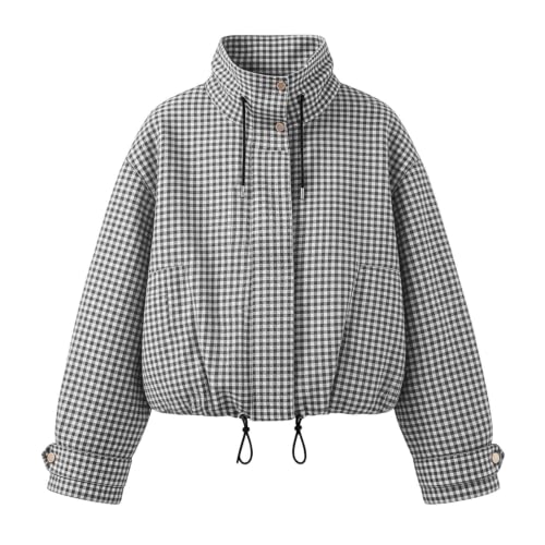 Cropped Jacket Women Stand Collar Gingham Coat Casual Zip Up Jacket - image 5