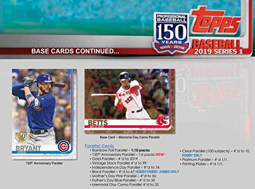 2019 Topps Baseball Series #1 Unopened Blaster Box of Packs with 99 Cards Including One EXCLUSIVE MLB 150th Anniversary Commemorative Patch Relic Card - Thumbnail 4