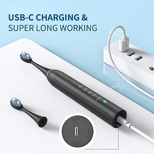 Yeebyars Electric Toothbrush for Adults and Kids Rechargeable Sonic Electric Toothbrush with 5 Brush Heads, Portable Electric Toothbrush with 2.5 Hours Charge for 120 Days Use (Black2, M)