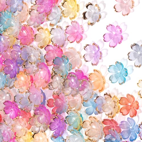 CTEAKOP 100 Pcs Flower Beads for Jewelry Making Gold-Plated Flower Charms Cherry Blossom Beads Acrylic Floral Beads for Crafts Bracelets (Multiple Colors)