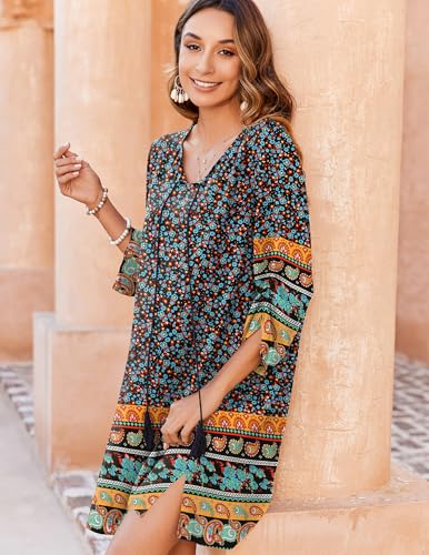 Image of Zeagoo Womens Boho Dresses Casual Beach Summer Dress Tassel Tie Neck 3 /4 Long Sleeve Mini Sundress 2025 Floral Print Cover Up