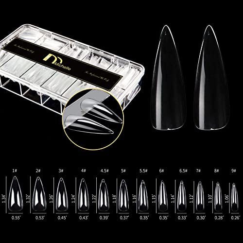 Michelle Gel Nail Tips Kit 500Pcs Pre-shaped Clear Full Cover False Nails for Gel Art Polish, Soak Off Easy Nail Extensions Acrylic Nails False Press on Nail Tips (120pcs-Stiletto)