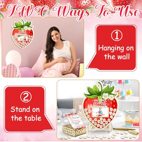 Image of Wenqik 63 Pcs Strawberry Baby Shower Guest Book Alternatives Set Baby Shower Decorations with Photo Frame Sonogram Frame Keepsake 60 Wood Slices Guest Book for Birthday