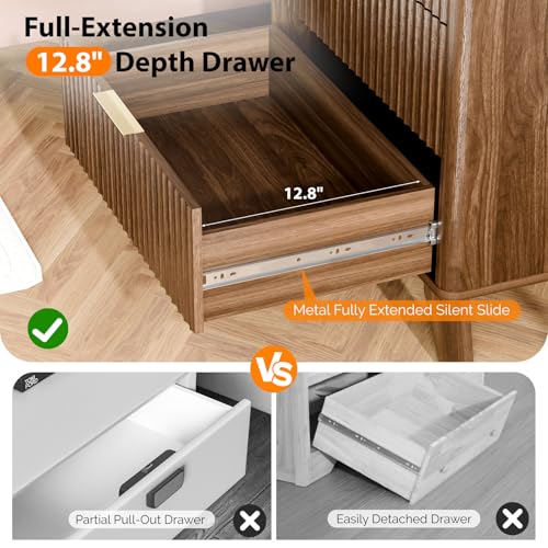 Image of VINGLI Fluted Tall Dresser 5 Drawer Chest of Drawers, Walnut Wood Dresser for Bedroom Mid Century Modern with Rounded Edge, 29.92 inch W*15.6 inch D*44.88 inch H