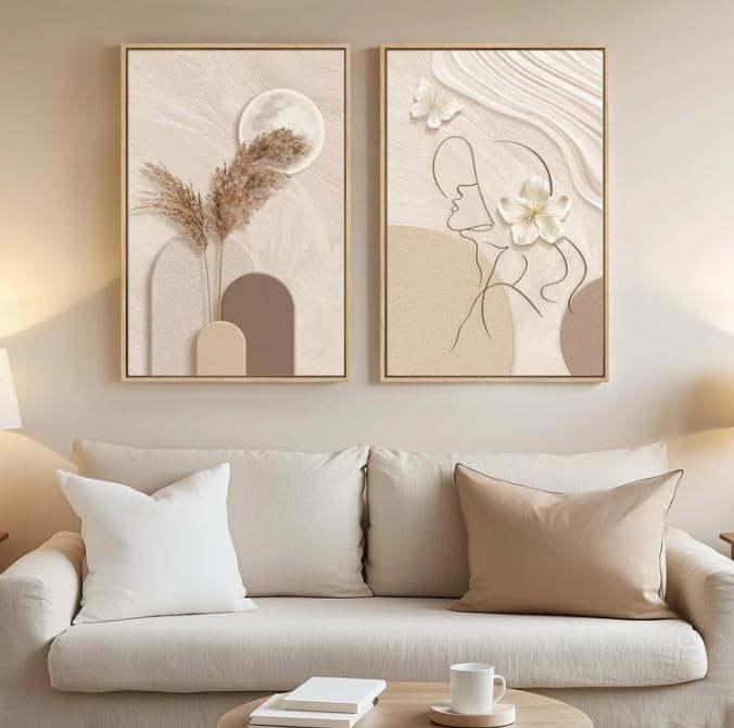 Boho Beige Abstract Wall Art Set of 2, Framed Canvas Prints, Woman Line Art with Pampas, 16x24in Each-image-6