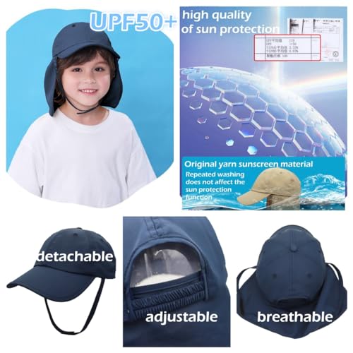 LLmoway Boys Beach Hat with Strap Toddler Kids Sun Hats with UV Protection Neck Flap Quick Dry Baseball Caps 2-6Years2