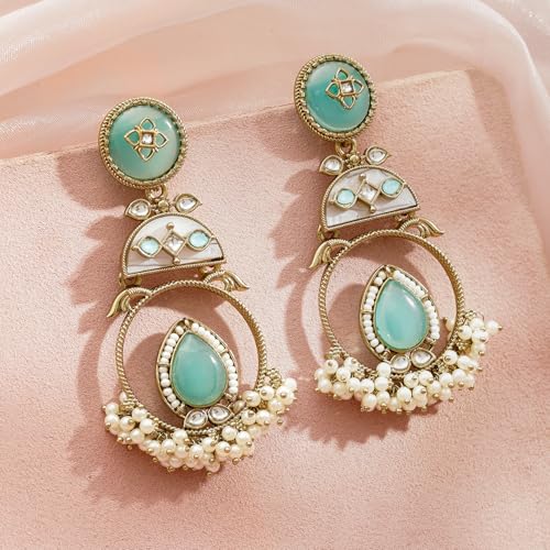 Image of Rubans Drop Earrings Stylish Jewellery with Aqua Green Stone & Pearls Gift for Women & Girls